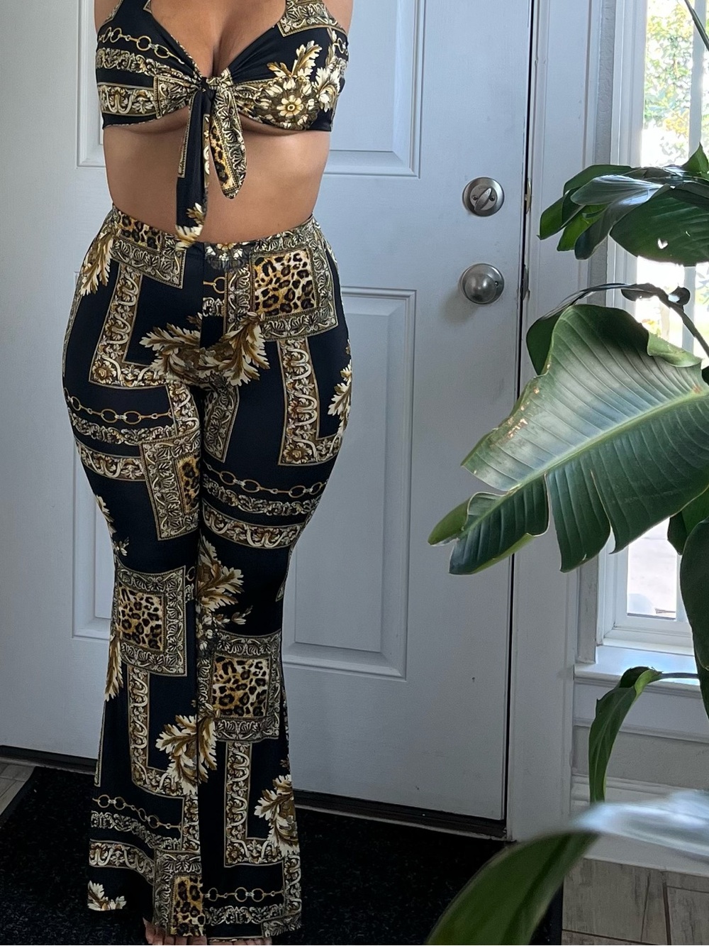 Fashion Nova Black and Gold Baroque Flare Pants